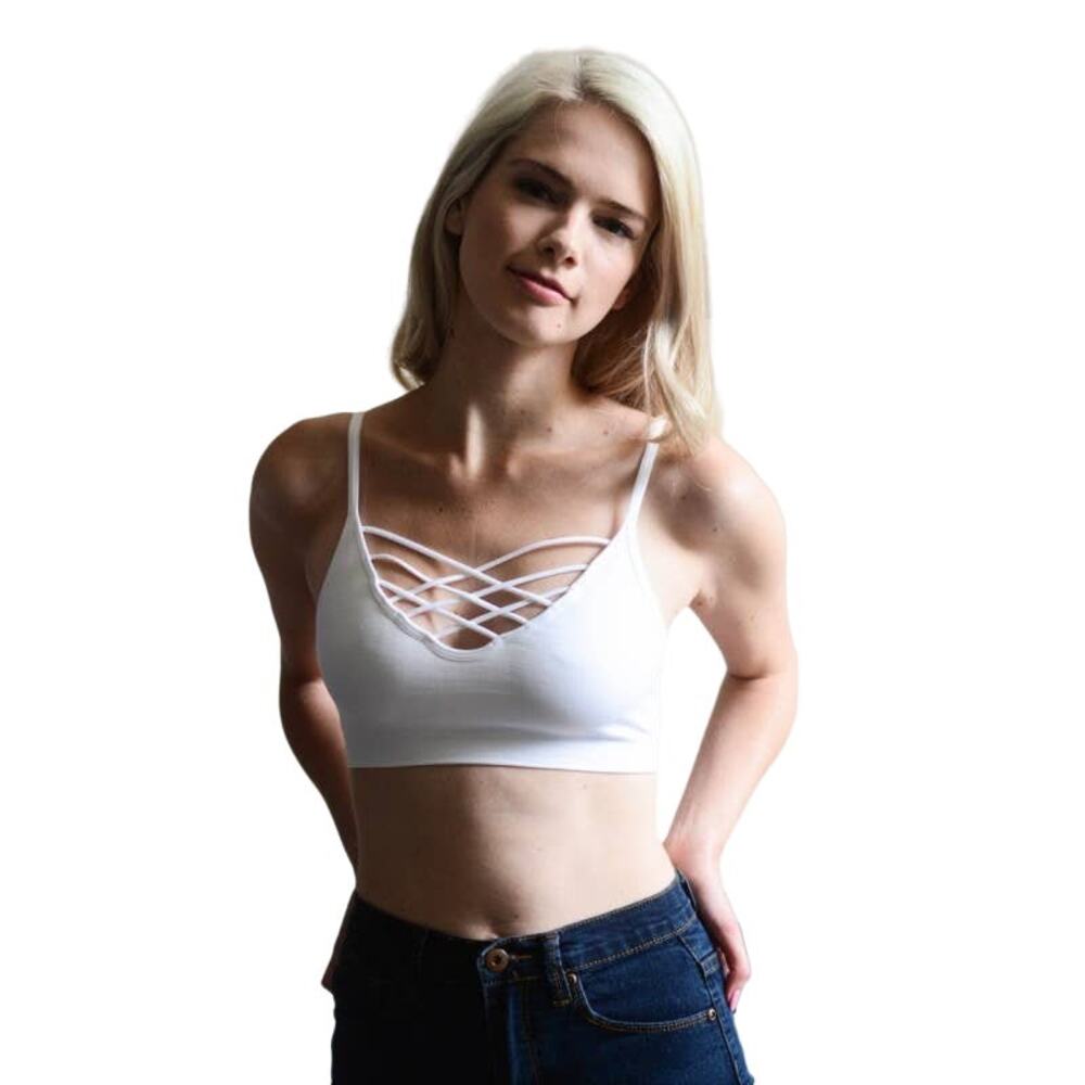Strappy Front Bralette Womens M/L White Chic Moisture Wicking‎ Athletic Camisole
